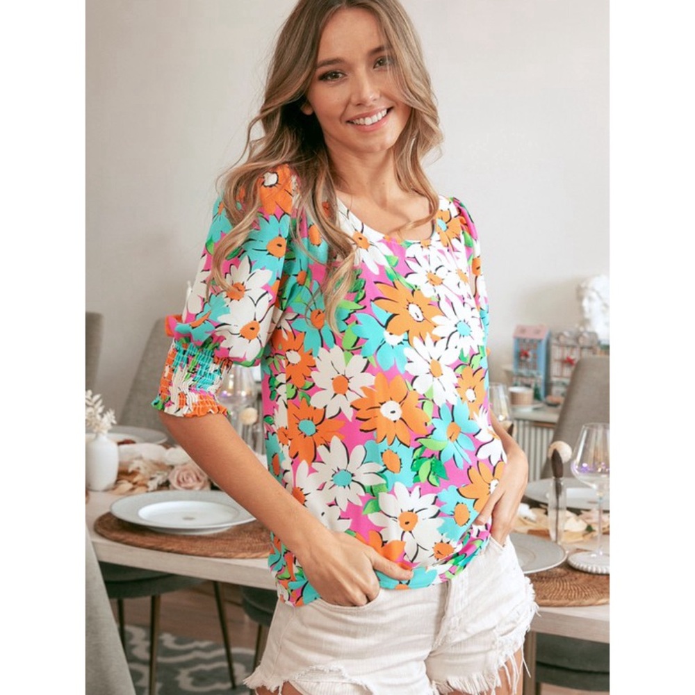 RESTOCK! Multicolor Floral Puff Smocked Sleeve Top! - Picture 11 of 15